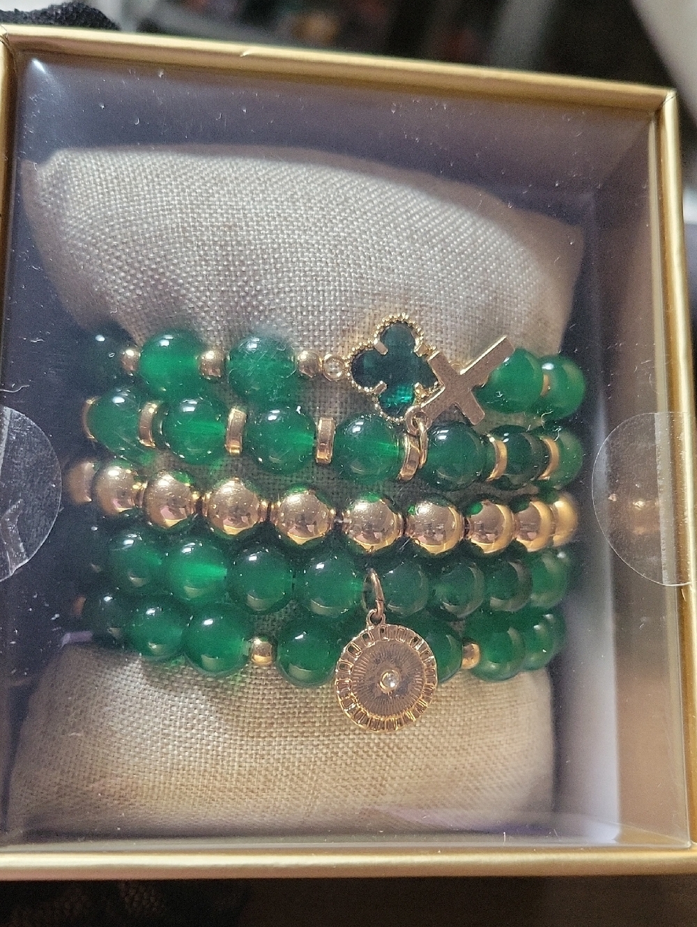 NICOLE MILLER Gold & Emerald Green Beaded Charm Bracelet Set